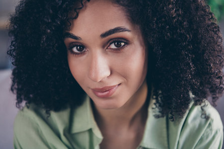 Close up cropped photo of adorable lovely positive person nice curly hairstyle good mood free time...