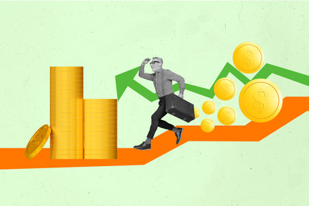 Artwork sketch collage poster of excited successful elderly man hurry earn increase improve budget salary isolated on painted backgroundの写真素材