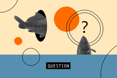 Poster banner colorful picture image collage of weird figurative fish swimming aquarium hole isolated on drawing retro backgroundの写真素材