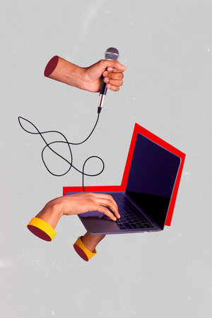 Vertical design illustration exclusive music maker netbook display recording new soundtrack hold microphone isolated on grey backgroundの写真素材