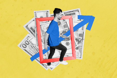Artwork collage of mini black white effect guy walk wooden photo frame big dollar banknotes bills arrow pointer isolated on yellow backgroundの写真素材