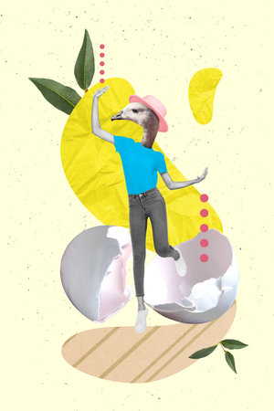 Vertical collage promo picture of head animal bird gull dancing have fun inside egg shell wear pink hat isolated on yellow backgroundの写真素材