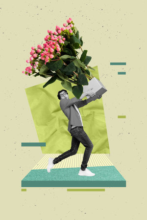 Vertical collage image of black white gamma guy arms hold huge flowers bouquet box isolated on creative backgroundの写真素材