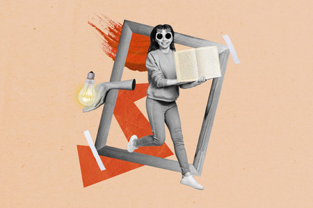 Composite collage of mini funky black white effect girl inside wooden photo frame opened book big arm hold light bulb isolated on beige backgroundの写真素材