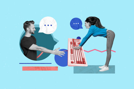 Creative collage image of two black white effect people communicate dialogue bubble keyboard texting...