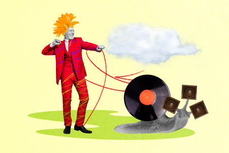 Artwork collage of excited aged man red suit flower instead hair big snail vinyl record music speakers clouds isolated on creative backgroundの写真素材