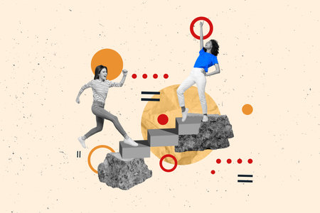 Collage portrait of two excited black white effect girls run climb stairs rock top point finger up...
