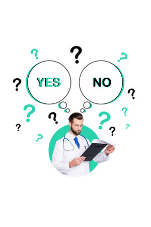 Vertical banner placard collage of confident serious doctor choose dilemma yes or no make decision diagnosis isolated on white backgroundの写真素材