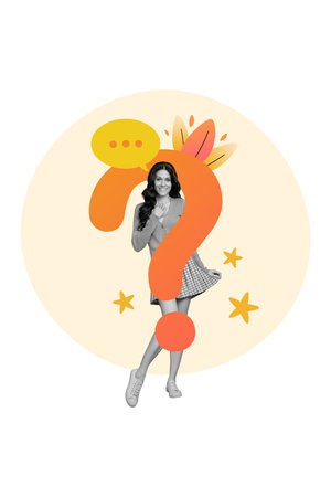 Photo poster 3d image minimal collage of charming minded lady announces tell answer have great idea plan isolated on painted backgroundの写真素材