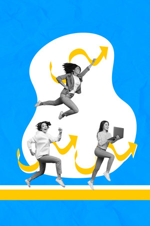 Collage ketch image of excited ladies working modern devices running purpose together isolated painting backgroundの写真素材