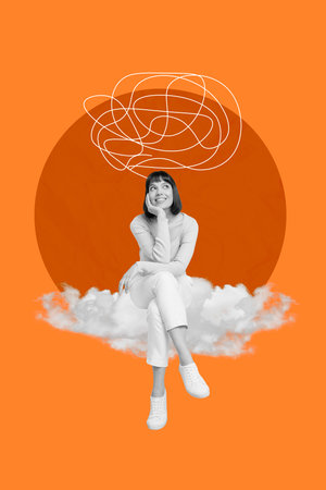 3d creative artwork template collage of smiling happy lady sitting cloud dreaming isolated orange color backgroundの写真素材
