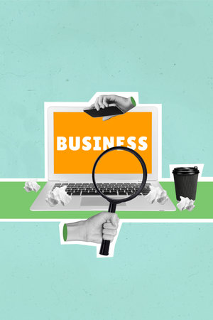 Vertical creative collage photo of searching ideas for business look information on laptop how to make profit isolated on teal backgroundの写真素材