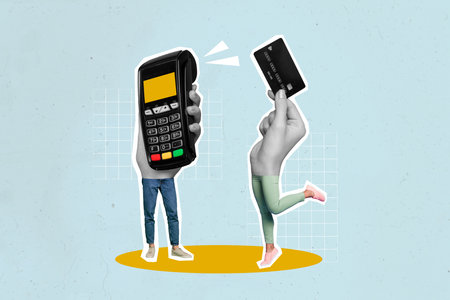 Creative composite abstract photo collage of bodyless people hands holding credit card payment terminal isolated on blue color backgroundの写真素材