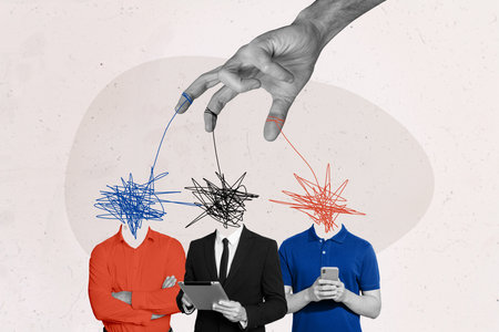 Creative composite illustration photo collage of big arm manipulating headless people in internet isolated on drawing backgroundの写真素材