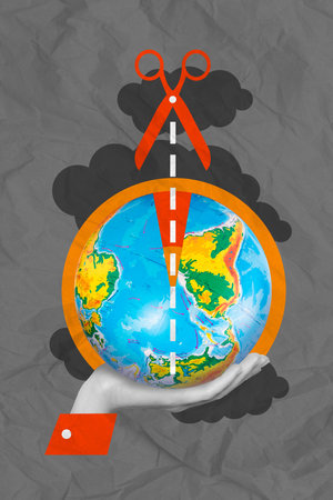 Vertical collage picture of black white effect human arm palm hold mini planet earth globe scissors...