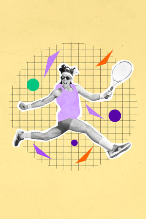 Exclusive picture collage image of sexy funky excited guy enjoying badminton game isolated creative backgroundの写真素材