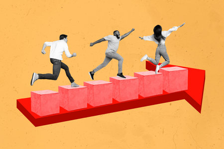 Artwork poster 3d picture collage of three people workers running fast competition follow line purpose aim isolated on painted backgroundの写真素材