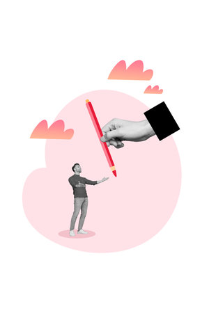 Illustration collage template of young man take huge pen write novel talented author inspiration drawing image isolated on white backgroundの写真素材