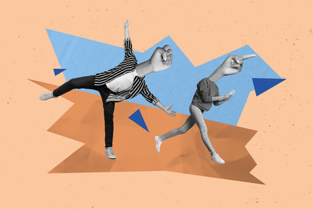 3d abstract creative artwork template collage of running walk female man hands gesture instead head fist fight finger point showing signの写真素材