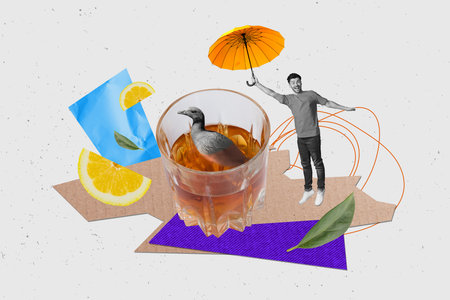 Creative trend collage of excited happy young man hold umbrella whiskey alcohol alcoholic lemon cocktail duck animal natureの写真素材