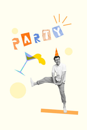 Vertical pop collage poster of cheerful happy guy dance party bachelor party good mood drink alco isolated on white drawing backgroundの写真素材