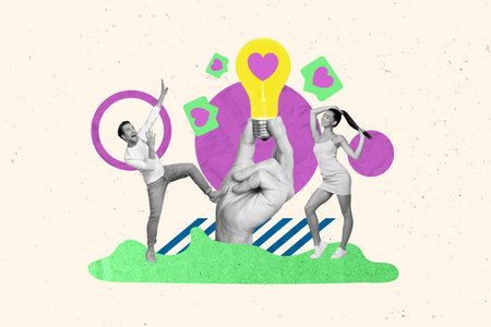 Creative poster collage of funny couple beautiful female afraid man hand hold electric bulb heart icon notification matching dating appの写真素材