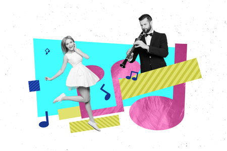 Picture artwork sketch collage image of handsome man play flute entertaining lovely girl date occasion isolated on white color backgroundの写真素材