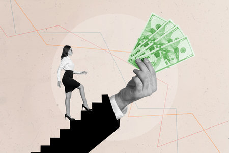 Creative collage picture of mini elegant black white colors girl walk climb big arm stairs hold dollar bills isolated on beige backgroundの写真素材