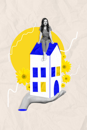 Poster collage artwork banner of charming smiling girl sitting house roof dream buy comfort luxury house isolated on painted backgroundの写真素材