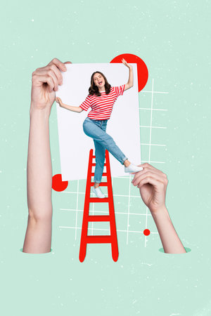Sketch 3d collage picture of cheerful positive girl celebrating career promotion improving corporate skills isolated painting backgroundの写真素材