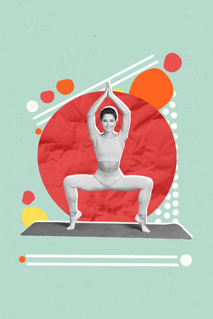 Sketch template graphics collage image of sexy slim coach fitness trainer showing pilates yoa exercise isolated on painting backgroundの写真素材