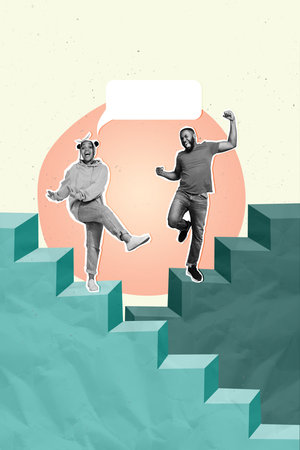 Placard collage photo poster sketch of positive happy people celebrate victory progress increasing isolated on sky drawing backgroundの写真素材