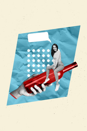Poster collage artwork of cheerful happy girl sitting advertising large bottle red wine champagne isolated on retro drawing backgroundの写真素材