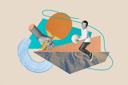 Composite creative illustration collage of human little schoolboy play tennis pong game tournament ball isolated on beige backgroundの写真素材