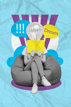 Collage 3d poster picture artwork of smart clever girl no face sitting bean bag read fiction genre isolated on painted blue backgroundの写真素材