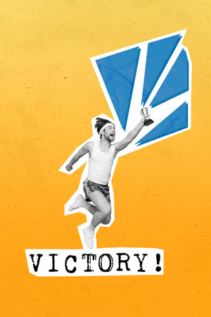 Collage graphics of funky excited sportsman winning prize celebrating victory isolated orange color backgroundの写真素材