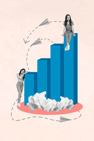 Photo collage artwork minimal picture of smiling ladies showing working startup presentation isolated creative backgroundの写真素材