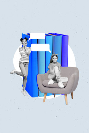 Collage sketch magazine of excited amazed impressed girl say wow omg sale bookshop sitting relaxing armchair isolated on retro backgroundの写真素材