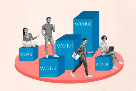 Abstract template graphics collage of busy people working together creating start up isolated pastel...