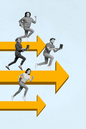 Collage artwork picture of purposeful excited successful people having working competition isolated...