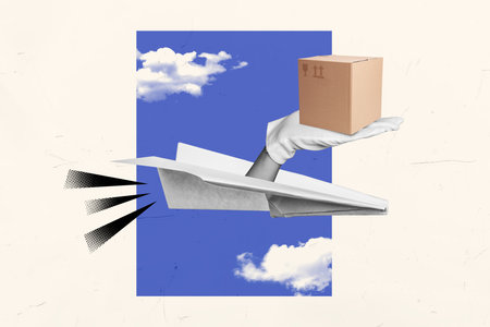 Image sketch picture collage of paper plane delivering supply belongings export goods abroad isolated on white color backgroundの写真素材