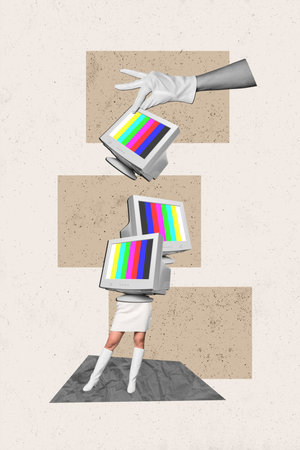 Poster image sketch caricature collage of unknown unusual personage no face human arm hold put pc isolated on drawing backgroundの写真素材