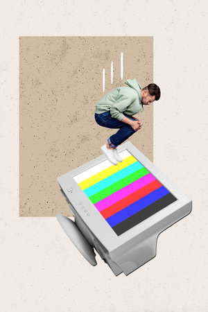 Creative poster collage of active man jumping monitor computer screen no signal white noise addicted fake news brainwashの写真素材
