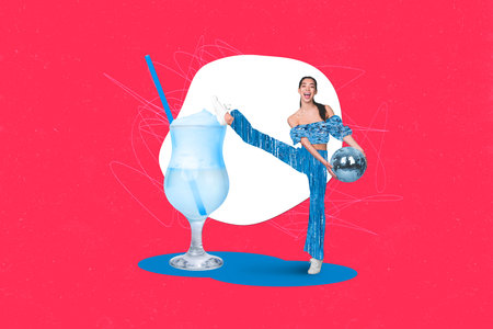Poster artwork magazine sketch image collage of cheerful overjoyed girl dancing nightclub have fun enjoy celebration on pink backgroundの写真素材