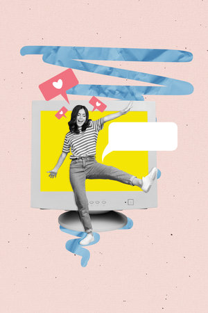 Collage illustration of young girl dancing have fun blogging smm content maker bubble cloud empty space isolated on beige backgroundの写真素材