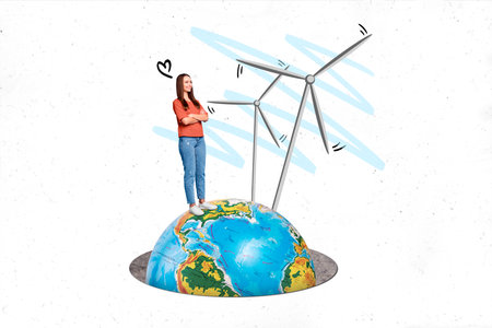 Collage picture illustration metaphor of cute lady watching propellers wind farm european green...