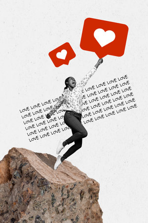 Collage sketch image of excited carefree lady catching love feedback card isolated white color backgroundの写真素材