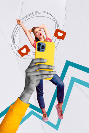 Composite 3d collage picture of young woman famous successful blogger posing recording video shooting phone isolated on drawn backgroundの写真素材