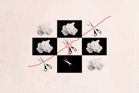 Creative composite illustration colage template game tic tac toe rock paper scissors game chess...