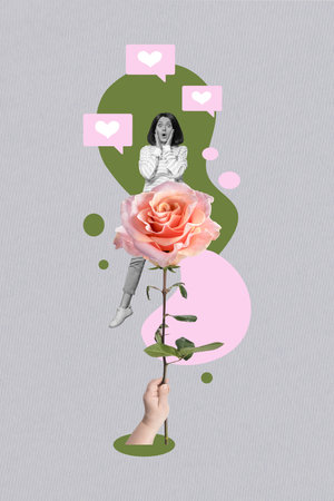 Vertical creative illustration photo collage of impressed amazed woman getting social media likes flower isolated drawing backgroundの写真素材